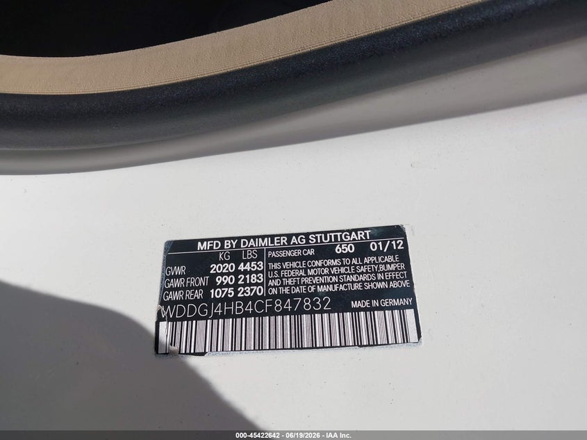 2012 Mercedes-benz C-klasse VIN WDDGJ4HB4CF847832 IAAI salvage auction — FRONT END, Salvage (Utah), sold $850 on 2026-07-23 (photo 9)