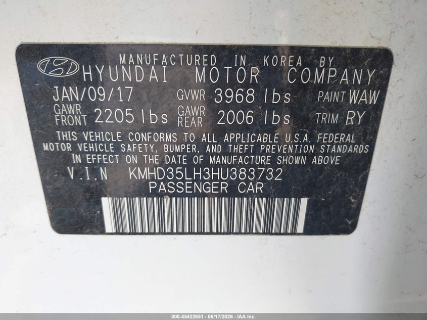 2017 Hyundai Elantra VIN KMHD35LH3HU383732 IAAI salvage auction — FRONT END, Certificate Of Title (Nebraska), sold $2,200 on 2026-08-02 (photo 9)