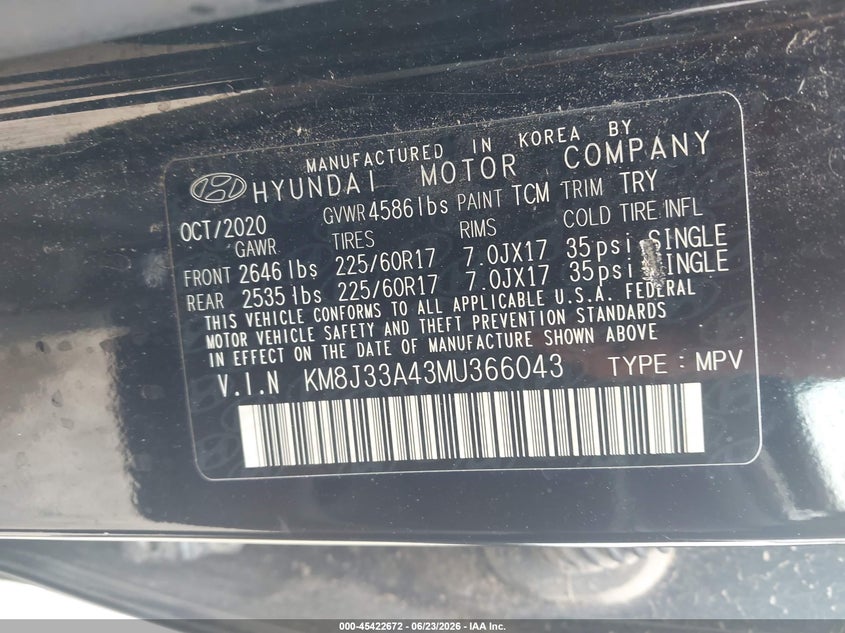 2021 Hyundai Tucson VIN KM8J33A43MU366043 IAAI salvage auction — FRONT END, Salvage (Arkansas), sold $1,100 on 2026-07-29 (photo 9)