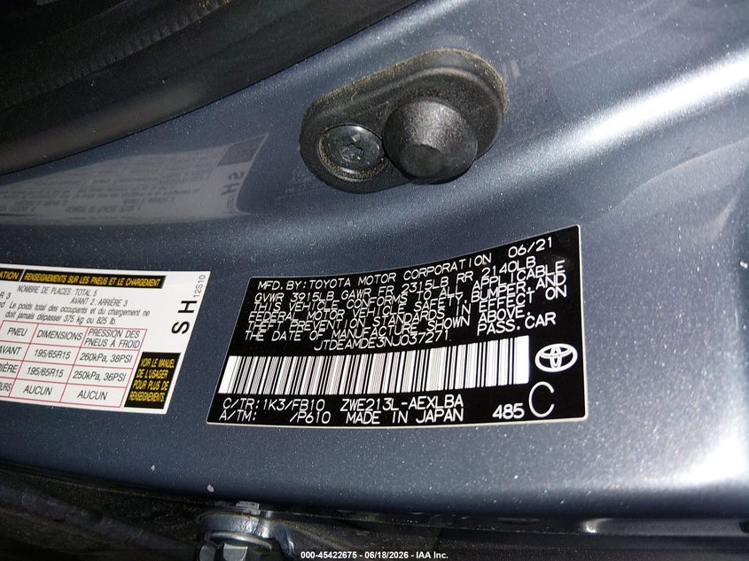 2022 Toyota Corolla VIN JTDEAMDE3NJ037271 IAAI salvage auction — FRONT END, Salvage Title, sold $4,500 on 2026-07-23 (photo 9)