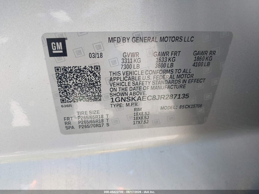 2018 Chevrolet Tahoe VIN 1GNSKAEC8JR287135 IAAI salvage auction — NORMAL WEAR, Sf97 (Nevada), sold $10,200 on 2026-07-29 (photo 9)