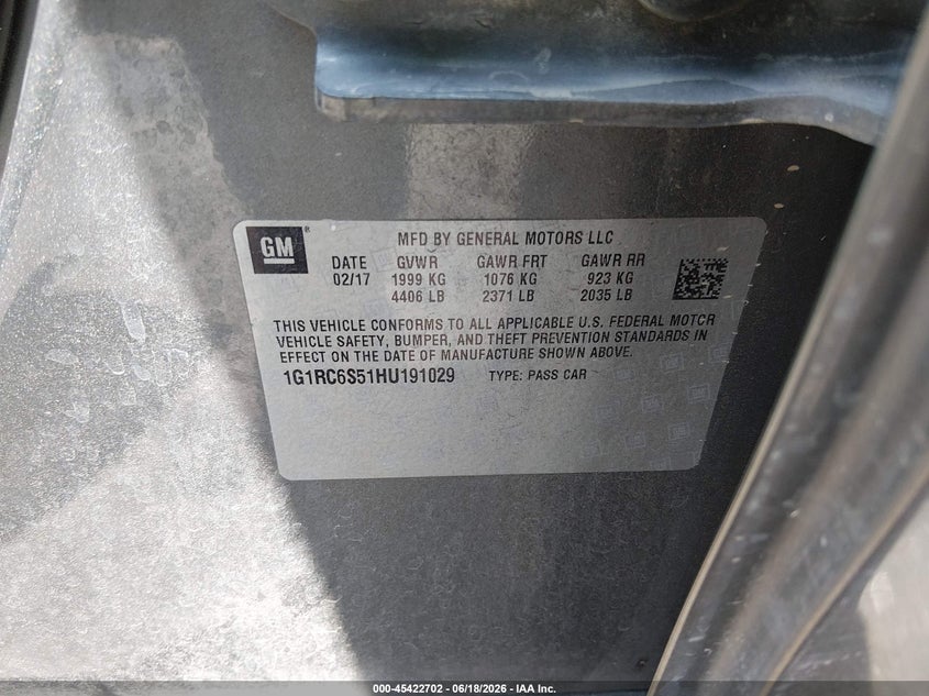 2017 Chevrolet Volt VIN 1G1RC6S51HU191029 IAAI salvage auction — FRONT END, Salvage Certificate (California), sold $1,750 on 2026-07-10 (photo 9)