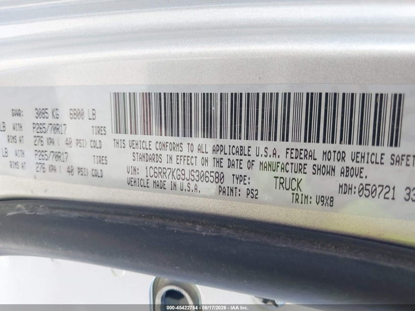 2018 Ram 1500 VIN 1C6RR7KG9JS306580 IAAI salvage auction — NORMAL WEAR, Sf97 (Nevada), sold $9,100 on 2026-07-29 (photo 9)