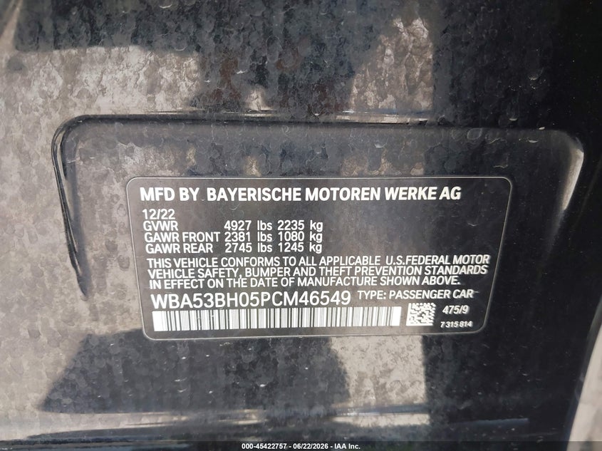 2023 BMW VIN WBA53BH05PCM46549 IAAI salvage auction — UNDERCARRIAGE, Salvage Title, sold $10,400 on 2026-07-30 (photo 9)