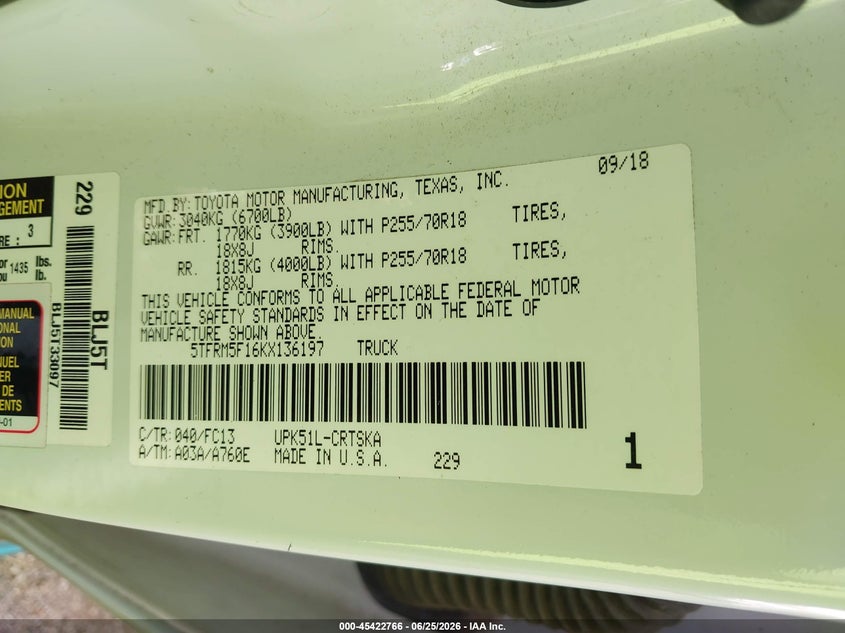 2019 Toyota Tundra VIN 5TFRM5F16KX136197 IAAI salvage auction — REAR END, Salvage (Tennessee), sold $7,300 on 2026-07-29 (photo 9)