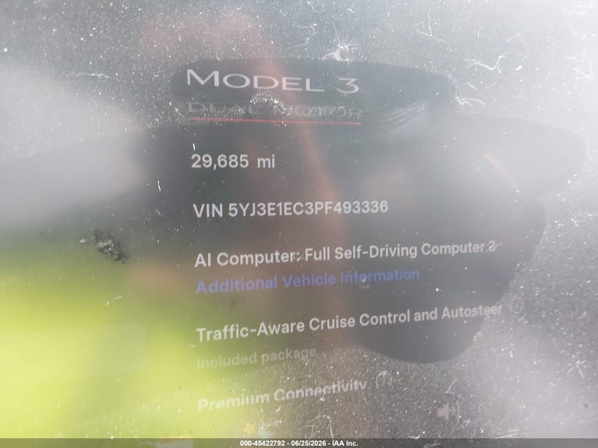 2023 Tesla Model 3 VIN 5YJ3E1EC3PF493336 IAAI salvage auction — RIGHT SIDE, Salvage Title, sold $25 on 2026-08-28 (photo 7)
