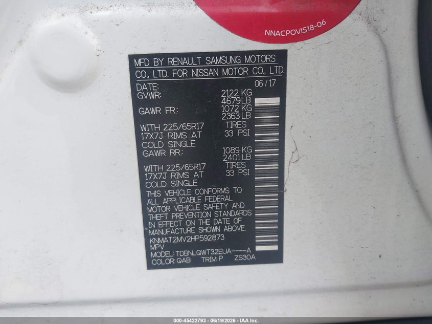 2017 Nissan Rogue VIN KNMAT2MV2HP592873 IAAI salvage auction — FRONT END, Salvage (California), sold $1,400 on 2026-07-06 (photo 9)