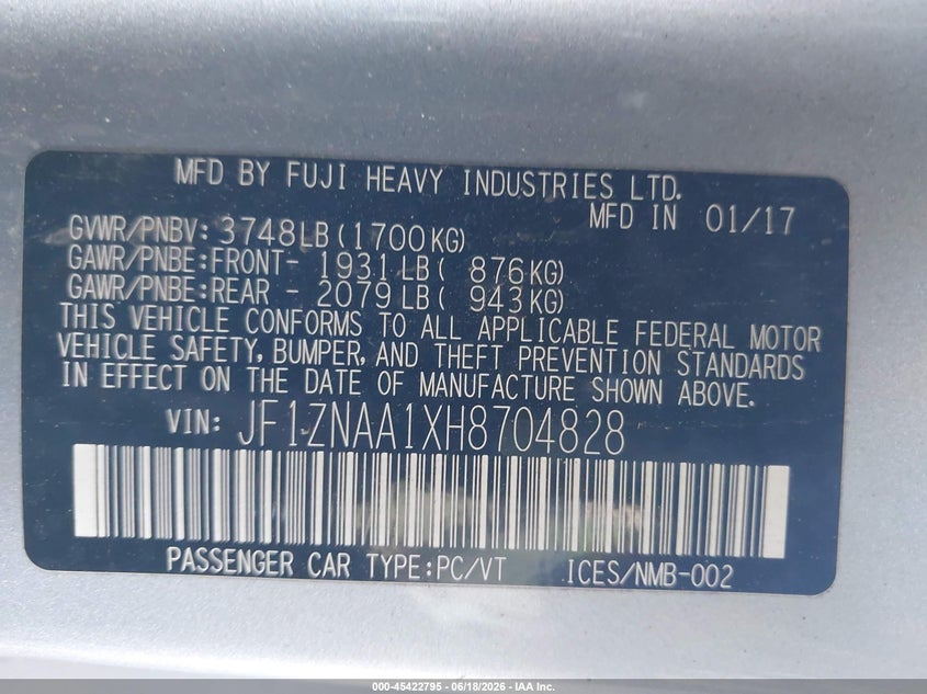 2017 Toyota Gt86 VIN JF1ZNAA1XH8704828 IAAI salvage auction — ALL OVER, Salvage (Arizona), sold $2,950 on 2026-07-14 (photo 9)