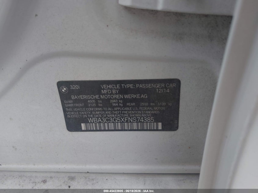 2015 BMW 3er VIN WBA3C3G5XFNS74385 IAAI salvage auction — WATER/FLOOD, Junk (Oklahoma), sold $1,125 on 2026-07-28 (photo 9)