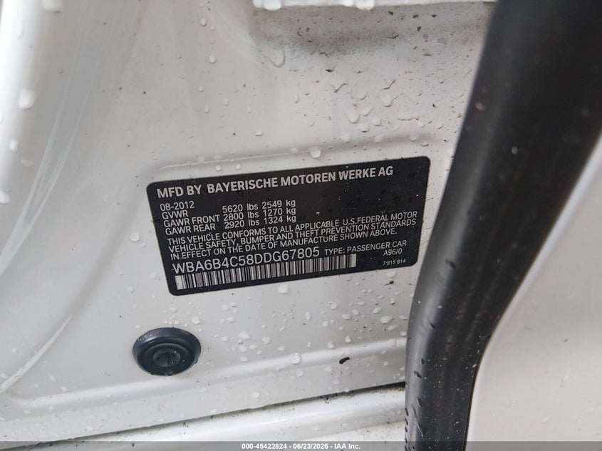 2013 BMW VIN WBA6B4C58DDG67805 IAAI salvage auction — FRONT END, Salvage Title, sold $2,500 on 2026-07-28 (photo 9)