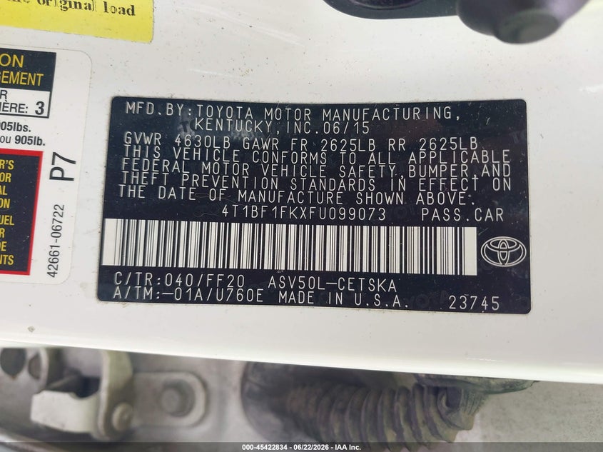 2015 Toyota Camry VIN 4T1BF1FKXFU099073 IAAI salvage auction — FRONT END, Salvage Title, sold $1,600 on 2026-08-01 (photo 9)
