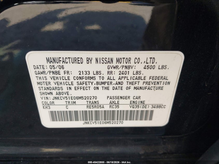 2006 Infiniti G35 VIN JNKCV51E06M520270 IAAI salvage auction — SIDE, Salvage (California), sold $900 on 2026-07-10 (photo 9)