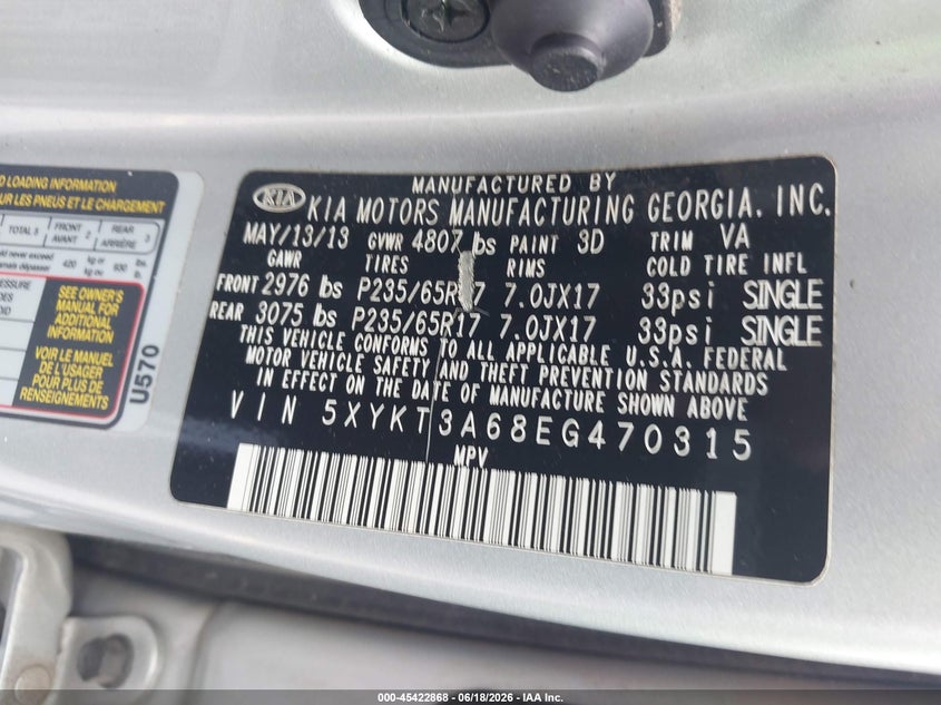 2014 Kia Sorento VIN 5XYKT3A68EG470315 IAAI salvage auction — FRONT & REAR, Salvage Title, sold $375 on 2026-07-22 (photo 9)