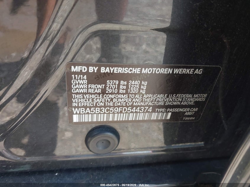 2015 BMW 5er VIN WBA5B3C59FD544374 IAAI salvage auction — FRONT END, Salvage Title, sold $2,750 on 2026-07-22 (photo 9)