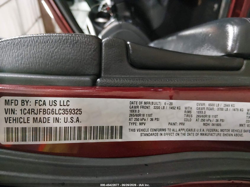 2020 Jeep Grand cherokee VIN 1C4RJFBG6LC359325 IAAI salvage auction — HAIL, Salvage Title, sold $14,250 on 2026-08-11 (photo 9)