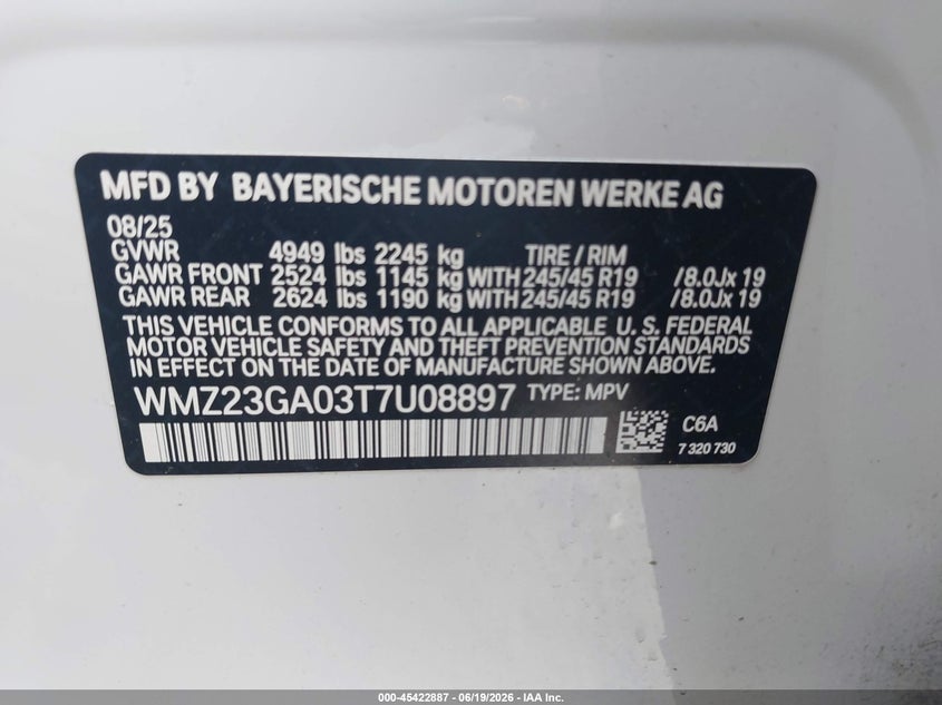 2026 Mini Countryman VIN WMZ23GA03T7U08897 IAAI salvage auction — FRONT END, Salvage (Massachusetts), sold $20,925 on 2026-07-17 (photo 9)
