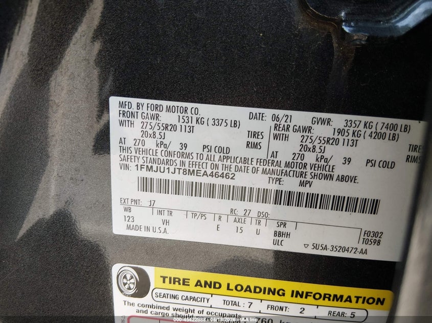 2021 Ford Expedition VIN 1FMJU1JT8MEA46462 IAAI salvage auction — UNKNOWN, Salvage Title, sold $13,100 on 2026-07-30 (photo 9)