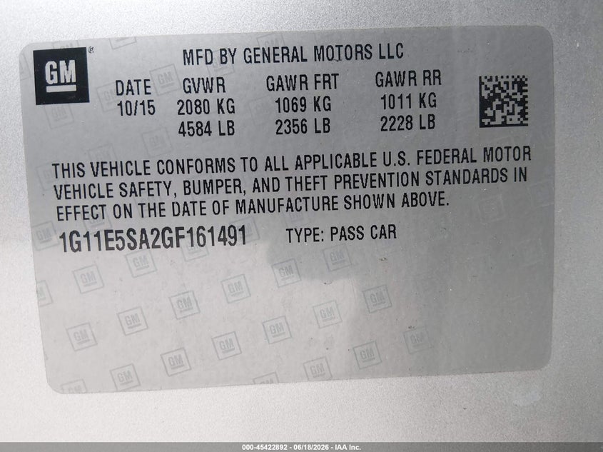 2016 Chevrolet Malibu VIN 1G11E5SA2GF161491 IAAI salvage auction — REAR END, Salvage Title, sold $1,100 on 2026-07-23 (photo 9)