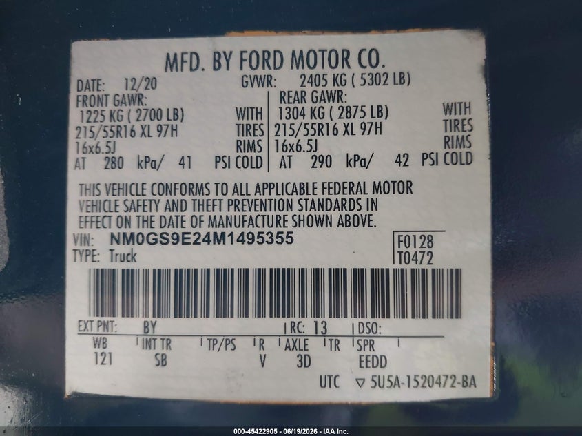 2021 Ford Transit VIN NM0GS9E24M1495355 IAAI salvage auction — FRONT END, Mv-907A (New York), sold $3,725 on 2026-07-07 (photo 9)