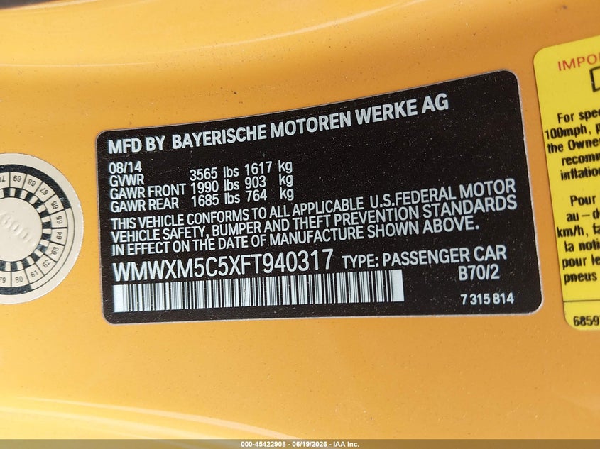 2015 Mini Hard top VIN WMWXM5C5XFT940317 IAAI salvage auction — RIGHT FRONT, Salvage Title, sold $1,100 on 2026-07-30 (photo 9)