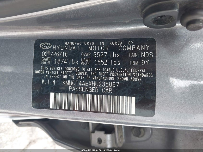 2017 Hyundai Accent VIN KMHCT4AEXHU235897 IAAI salvage auction — RIGHT SIDE, Salvage (Georgia), sold $450 on 2026-07-29 (photo 9)