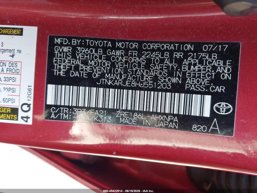 2017 Toyota Corolla VIN JTNKARJE8HJ551203 IAAI salvage auction — ELECTRICAL, Salvage (California), sold $3,500 on 2026-07-23 (photo 9)