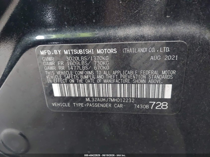 2021 Mitsubishi Mirage VIN ML32AUHJ7MH012232 IAAI salvage auction — FRONT END, Salvage Title, sold $2,150 on 2026-07-19 (photo 9)