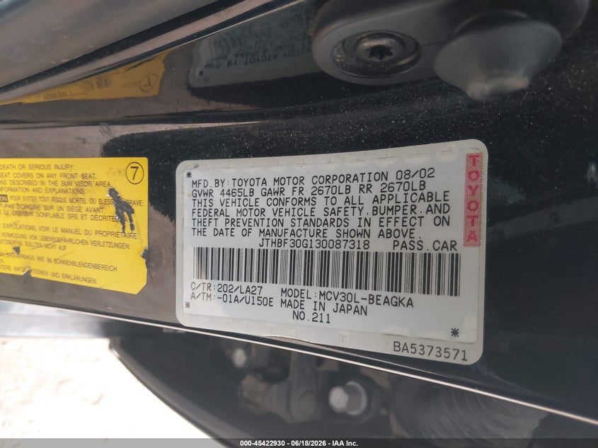 2003 Lexus Es 300 VIN JTHBF30G130087318 IAAI salvage auction — RIGHT SIDE, Salvage (California), sold $350 on 2026-07-08 (photo 9)