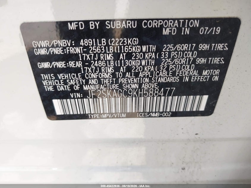 2019 Subaru Forester VIN JF2SKAGC9KH588477 IAAI salvage auction — RIGHT REAR, Salvage (Pennsylvania), sold $4,450 on 2026-07-31 (photo 9)