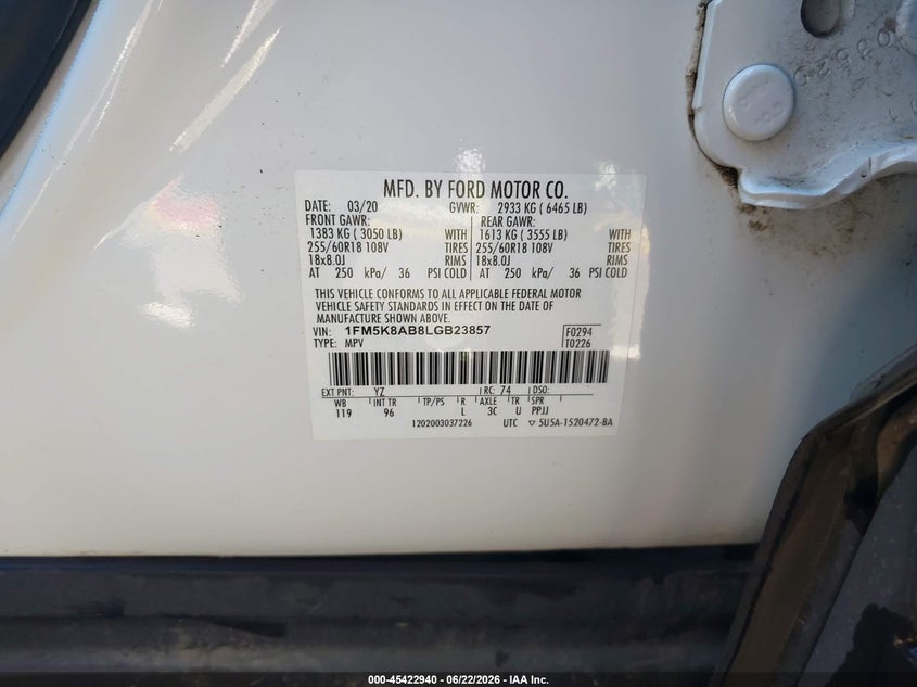 2020 Ford VIN 1FM5K8AB8LGB23857 IAAI salvage auction — FRONT END, Clear (Oregon), sold $2,800 on 2026-07-22 (photo 9)
