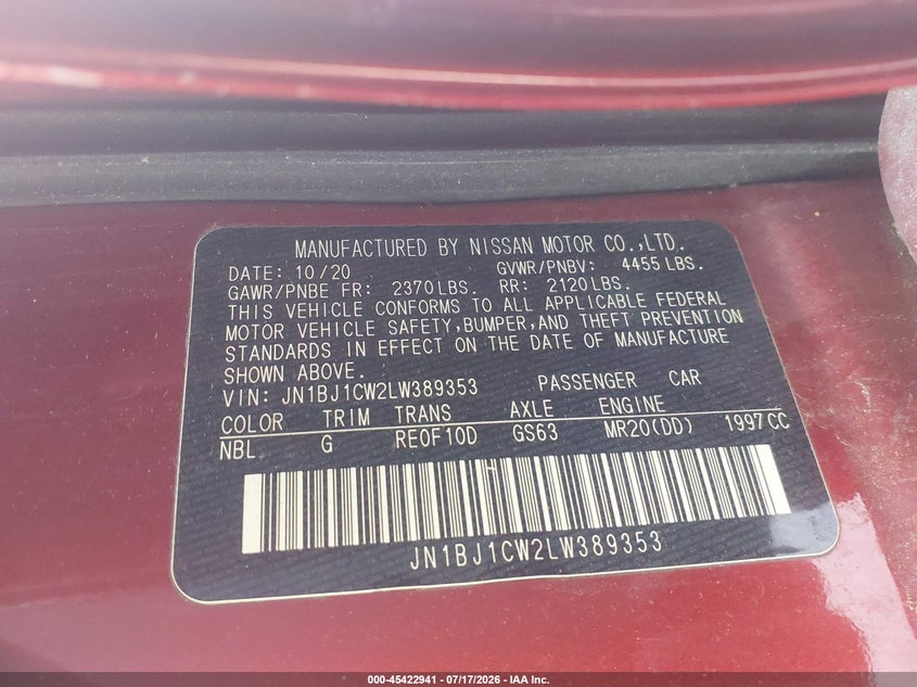 2020 Nissan Rogue VIN JN1BJ1CW2LW389353 IAAI salvage auction — FRONT END, Clear (New Jersey), sold $1,500 on 2026-07-29 (photo 9)