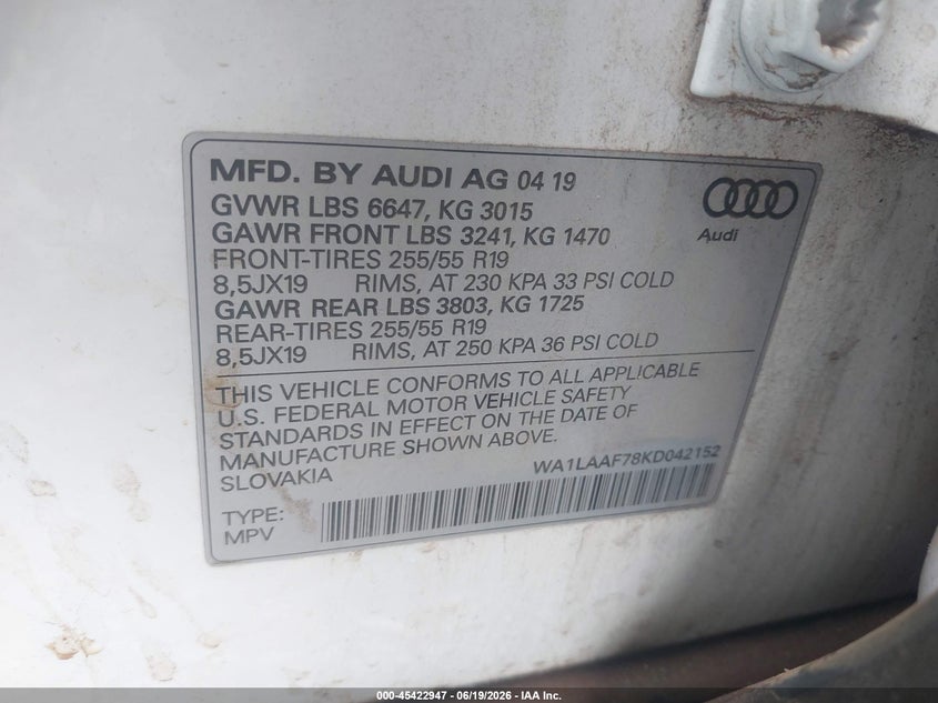2019 Audi Q7 VIN WA1LAAF78KD042152 IAAI salvage auction — FRONT END, Salvage Title, sold $4,650 on 2026-07-19 (photo 9)
