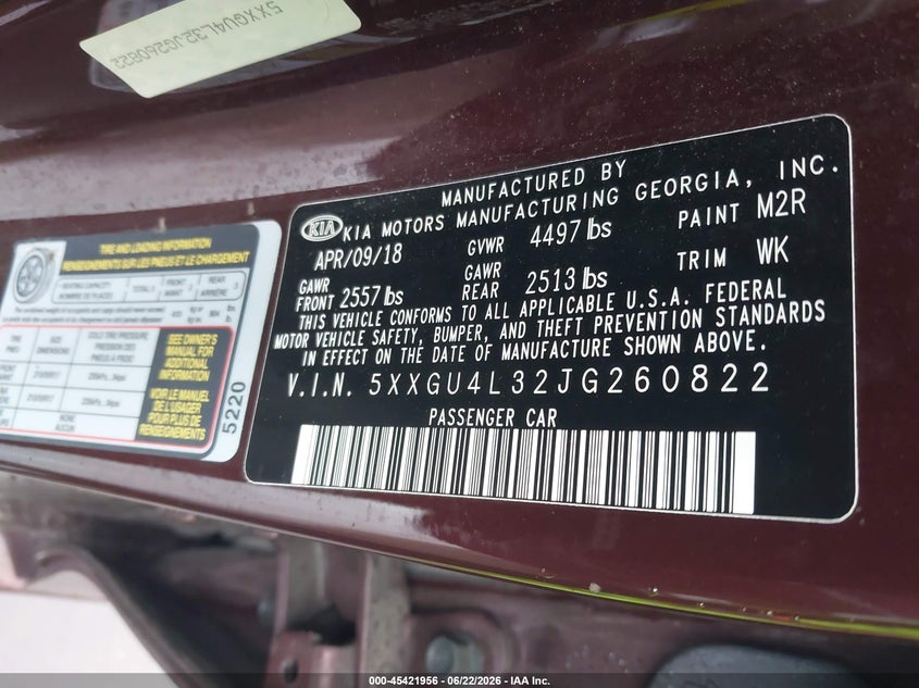 2018 Kia Optima VIN 5XXGU4L32JG260822 IAAI salvage auction — FRONT END, Salvage (Ohio), sold $50 on 2026-07-28 (photo 9)