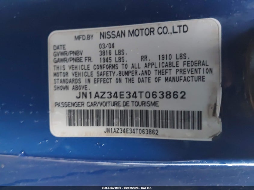 2004 Nissan 350z VIN JN1AZ34E34T063862 IAAI salvage auction — FRONT END, Salvage (Idaho), sold $1,000 on 2026-07-22 (photo 9)