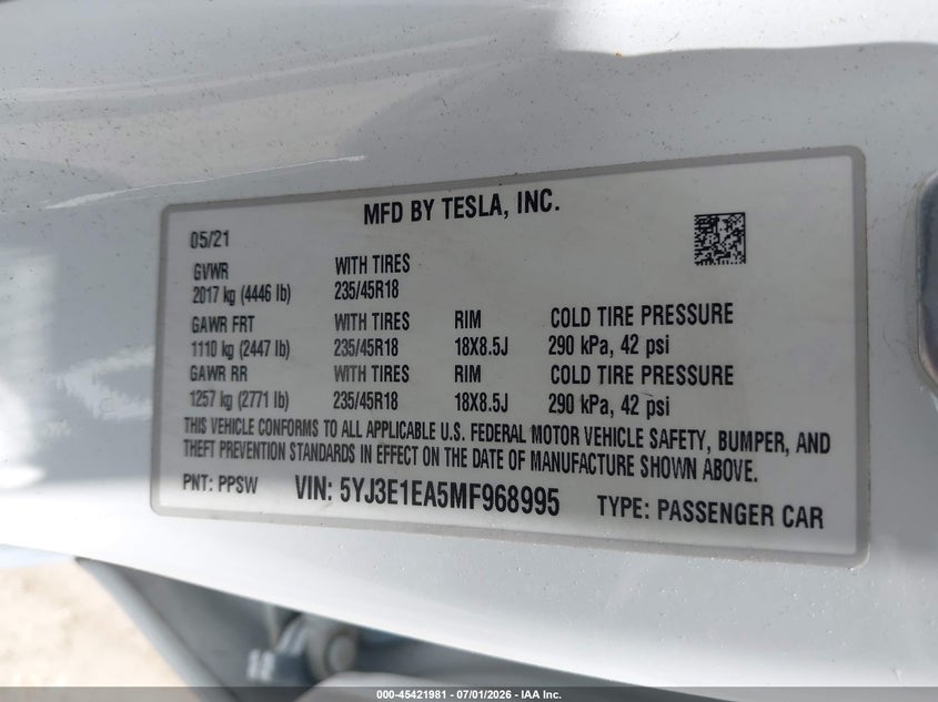 2021 Tesla Model 3 VIN 5YJ3E1EA5MF968995 IAAI salvage auction — SIDE, Salvage - Greater Than 75% (Maryland), sold $8,650 on 2026-07-16 (photo 9)