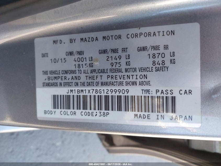 2016 Mazda VIN JM1BM1X78G1299909 IAAI salvage auction — RIGHT SIDE, Salvage (California), sold $2,750 on 2026-07-13 (photo 9)