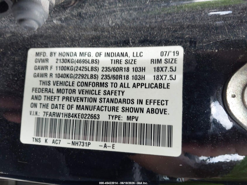 2019 Honda Cr-v VIN 7FARW1H84KE022663 IAAI salvage auction — REAR END, Rebuildable (Florida), sold $5,950 on 2026-07-14 (photo 9)