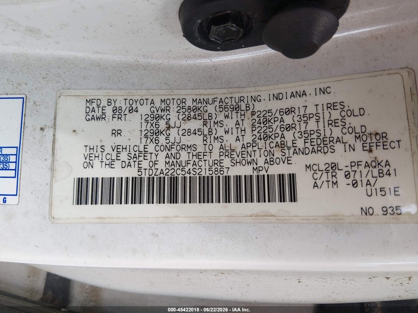 2004 Toyota Sienna VIN 5TDZA22C54S215867 IAAI salvage auction — NORMAL WEAR, Clear (Louisiana), sold $925 on 2026-07-08 (photo 9)