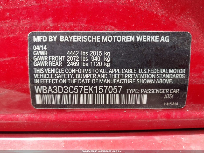 2014 BMW 3er VIN WBA3D3C57EK157057 IAAI salvage auction — FRONT END, Salvage Title, sold $800 on 2026-07-22 (photo 9)