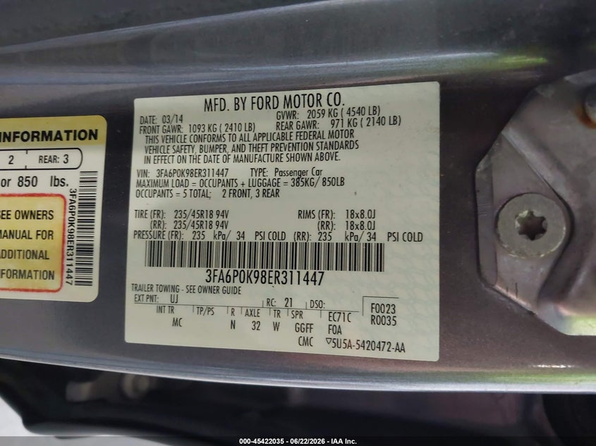 2014 Ford Fusion VIN 3FA6P0K98ER311447 IAAI salvage auction — REAR END, Salvage Title, sold $1,050 on 2026-08-01 (photo 9)