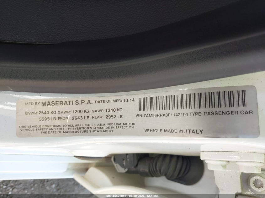 2015 Maserati Quattroporte VIN ZAM56RRA8F1142101 IAAI salvage auction — NORMAL WEAR, Clear (Illinois), sold $2,150 on 2026-07-15 (photo 9)