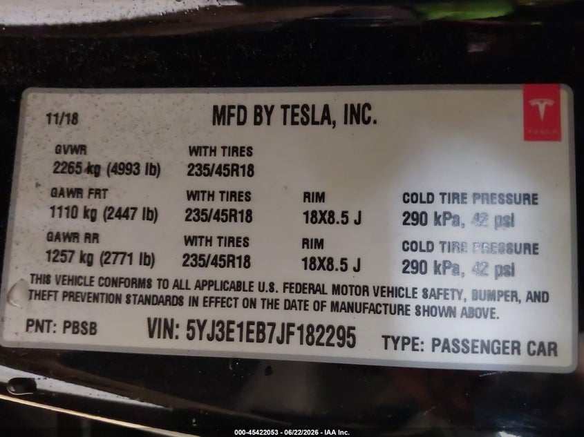 2018 Tesla Model 3 VIN 5YJ3E1EB7JF182295 IAAI salvage auction — ROLLOVER, Salvage Title, sold $1,300 on 2026-07-28 (photo 9)