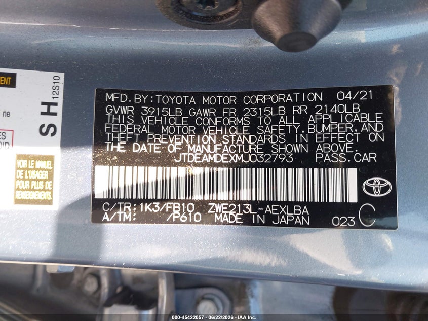 2021 Toyota Corolla VIN JTDEAMDEXMJ032793 IAAI salvage auction — FRONT END, Salvage Title, sold $2,850 on 2026-07-23 (photo 9)