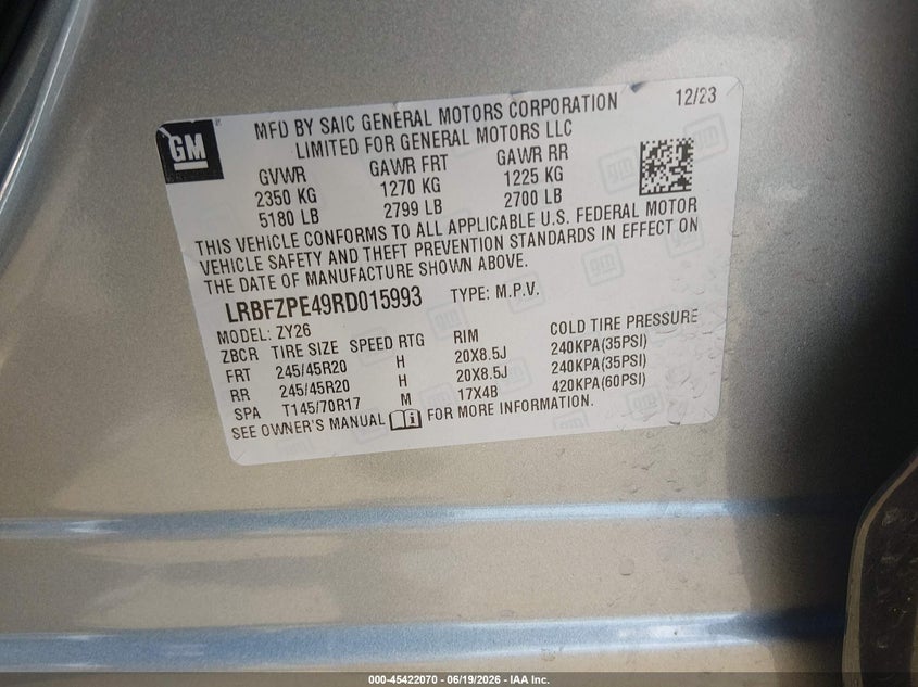 2024 Buick Envision VIN LRBFZPE49RD015993 IAAI salvage auction — FRONT END, Salvage Title, sold $3,200 on 2026-09-10 (photo 9)