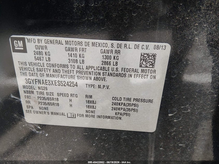 2014 Cadillac Srx VIN 3GYFNAE3XES524254 IAAI salvage auction — FRONT END, Wait Title, sold $550 on 2026-10-03 (photo 9)