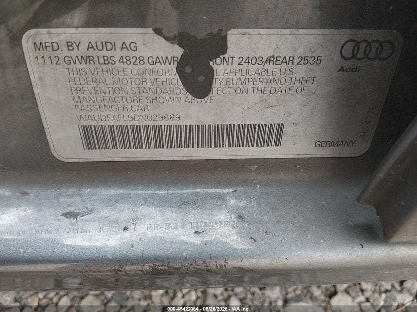 2013 Audi A4 VIN WAUDFAFL9DN029669 IAAI salvage auction — REPOSSESSION, Nrc Lienholder Repossession Paperwork (Nevada), sold $450 on 2026-07-10 (photo 9)