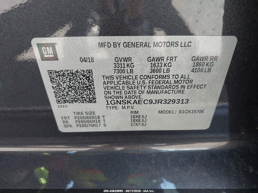 2018 Chevrolet Tahoe VIN 1GNSKAEC9JR329313 IAAI salvage auction — NORMAL WEAR, Sf97 (Nevada), sold $21,600 on 2026-07-28 (photo 9)