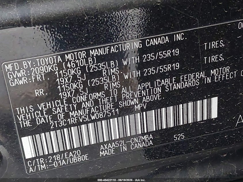 2020 Toyota Rav4 VIN 2T3C1RFV5LW087511 IAAI salvage auction — REAR END, Salvage (California), sold $7,575 on 2026-07-30 (photo 9)