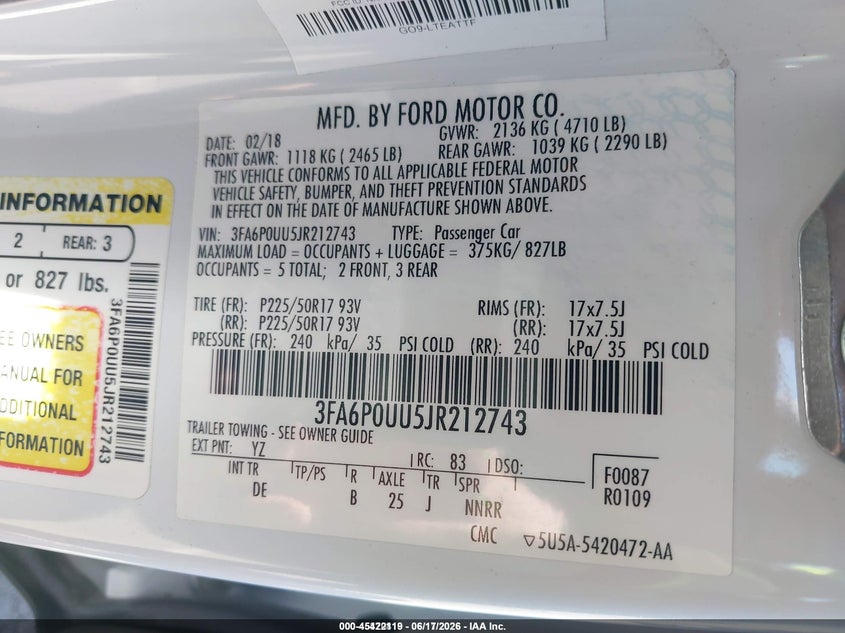 2018 Ford Fusion VIN 3FA6P0UU5JR212743 IAAI salvage auction — NORMAL WEAR, Sf97 (Nevada), sold $10,700 on 2026-07-28 (photo 9)