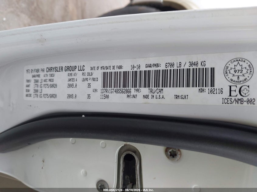 2011 Ram Ram 1500 VIN 1D7RV1GT4BS562866 IAAI salvage auction — REAR END, Mv-907A (New York), sold $1,250 on 2026-07-23 (photo 9)